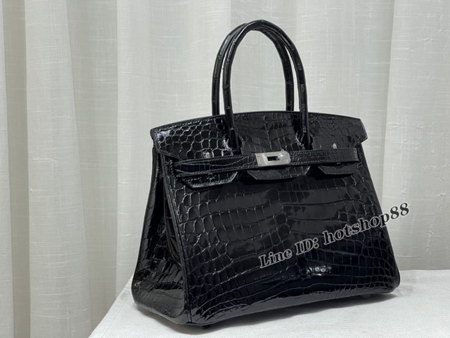 Hermes專櫃鉑金手提女包 愛馬仕Birkin30黑色高光尼羅鱷魚肚皮蜜蠟線全手工縫製手袋 zhh1090